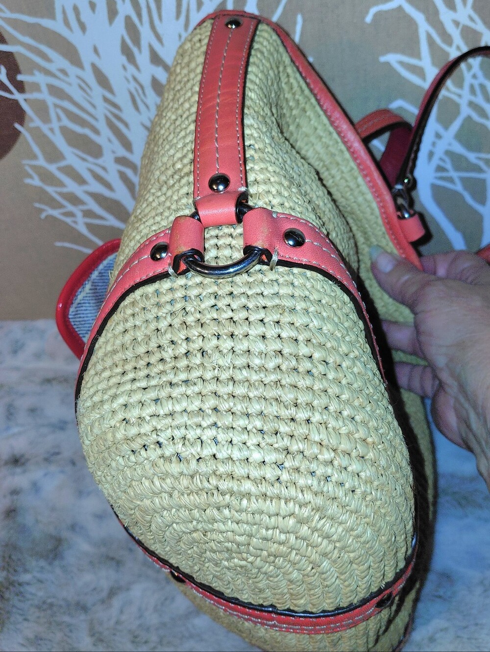 Coach Straw Tote Tangerine & Red Leather Trim Front Pocket L1269-22904 - Picture 6 of 12